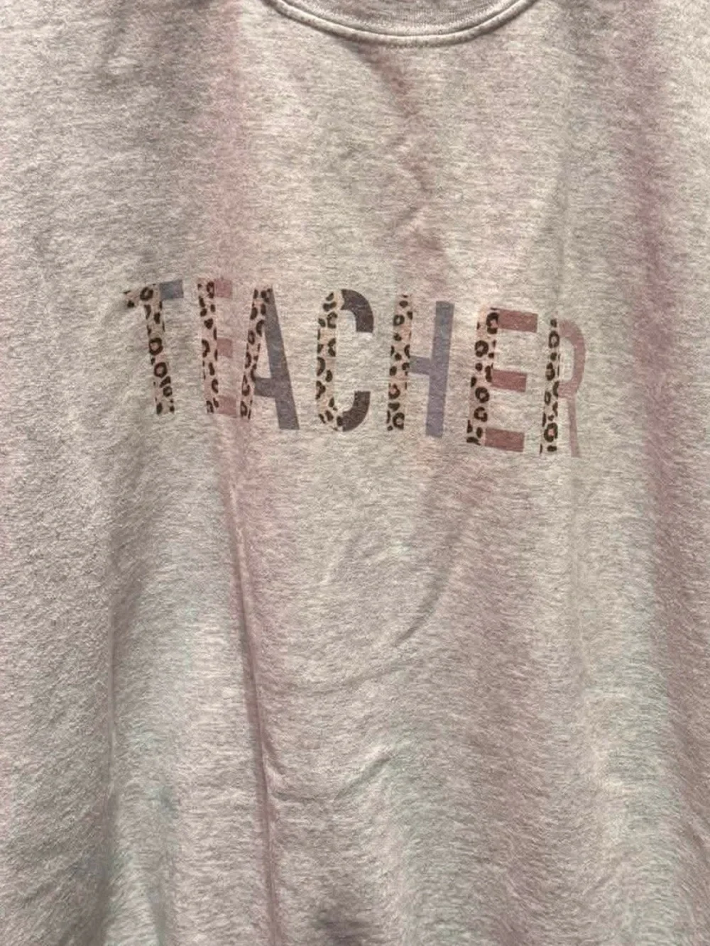 Heather Gray Crewneck with Leopard 'TEACHER' Print XL